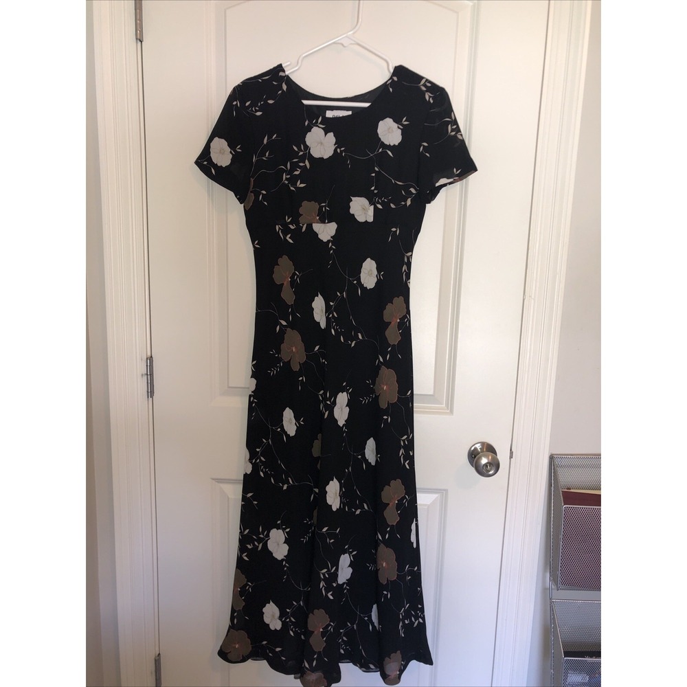 Vintage PJLA Maxi Floral Black Cream Brown MulticolorDress Short-Sleeve Size Med